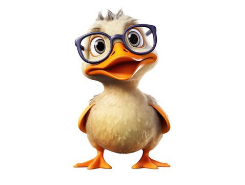 a smiling duck with round glasses isolated on a transparent background, generative ai