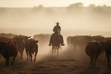Fototapeta na wymiar Cattle are being herded by cowboy - AI Technology