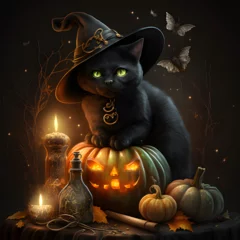 Fototapete Eulen-Cartoons black cat witch in pumpkin , halloween party celebrate, night fun , Generative AI