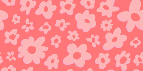 Fototapeta na wymiar Cute pattern in small flower. Pink Sakura flowers, blossoming japanese cherry. Symbol of spring. Small colorful flowers. Pink background. Floral seamless pattern. Small cute simple spring flowers