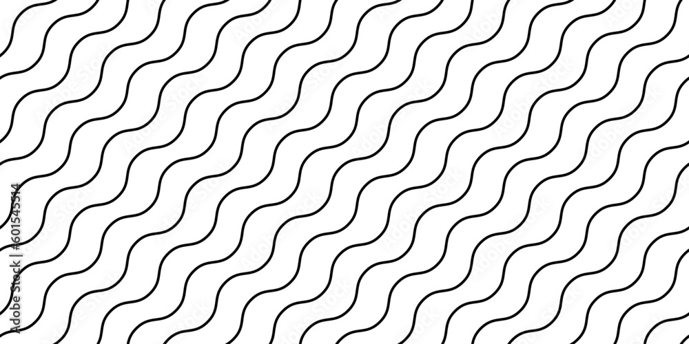 Poster Wavy lines seamless pattern. Undulate stripes repeating background. Black and white diagonal waves texture. Simple curved linear wallpaper. Textile and fabric design template. Vector