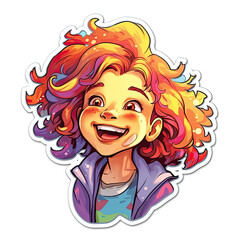 Smiling girl as a crazy sticker in volumetric colors with a white background (Generative AI, Generativ, KI)