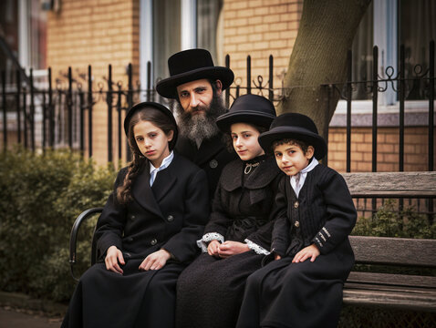 a hasidic jew dressed in black with a beard and his three children - generative AI