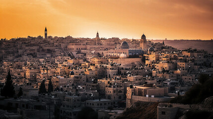 Obraz premium wide view of jerusalem at sunset - generative AI