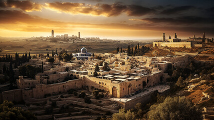 Fototapeta premium wide view of jerusalem at sunset - generative AI
