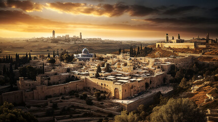 wide view of jerusalem at sunset - generative AI