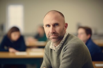 Portrait of a pensive mature man sitting in a classroom.