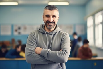 Fototapeta premium Portrait of smiling mature man standing with arms crossed in university classroom