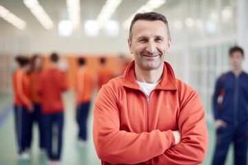Portrait of smiling male physiotherapist standing with arms crossed in corridor