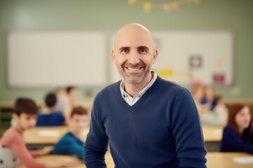 Fototapeta na wymiar Portrait of happy male teacher standing in classroom with students in background