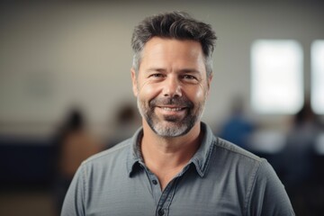 Medium shot portrait photography of a pleased man in his 40s wearing a casual t-shirt against a classroom or educational setting background. Generative AI