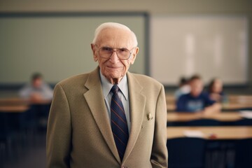 Naklejka premium Portrait of senior teacher looking at camera while standing in classroom during lesson