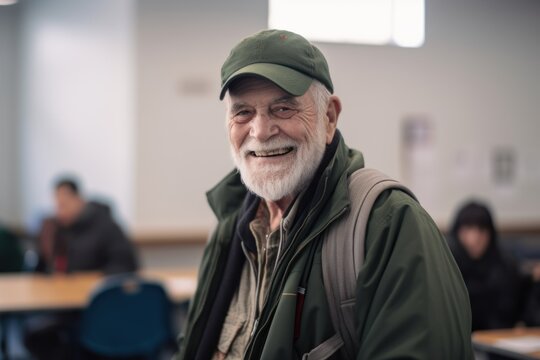Portrait of smiling senior man in cap and green jacket standing in classroom
