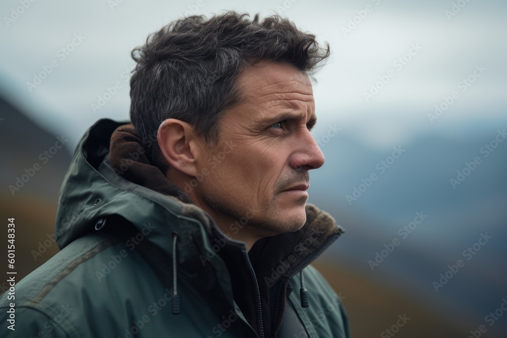 Poster Portrait of a handsome man with dark hair, wearing a green jacket, looking away.