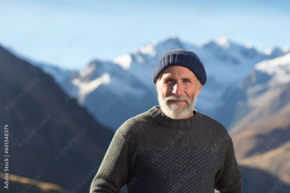 Wall mural Portrait of a senior man in a sweater and hat against mountains