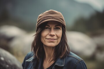 Portrait of a beautiful woman with hat and jeans jacket in the mountains
