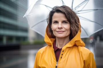 Portrait of a beautiful mature woman in a raincoat with umbrella