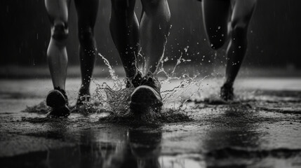 Group of runners with closed legs running on the ground. Athletics in the mud. Black and white image. Image generated by AI.