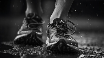 Group of runners with closed legs running on the ground. Athletics in the mud. Black and white image. Image generated by AI.