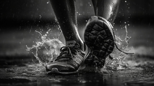 Group of runners with closed legs running on the ground. Athletics in the mud. Black and white image. Image generated by AI.