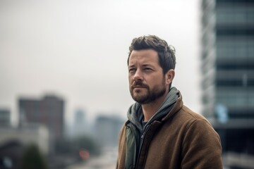 Naklejka premium young handsome bearded hipster man in the city streets of european city
