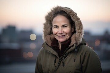 Portrait of smiling middle-aged woman in winter jacket on city background