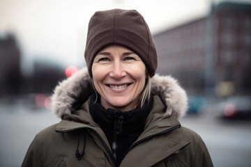 Portrait of smiling middle-aged woman in winter jacket and hat outdoors