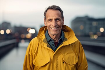 Portrait of a smiling senior man in yellow raincoat looking at camera outdoors