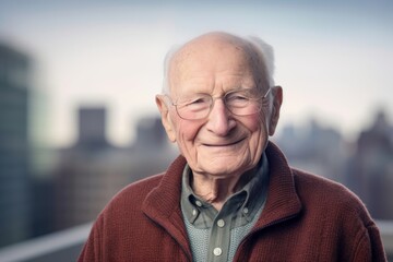 Portrait of an elderly man with glasses against the background of the city