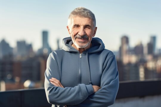Portrait of senior man in sportswear standing with arms crossed against city background