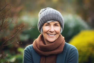 Portrait of smiling senior woman in cap and scarf in autumn park