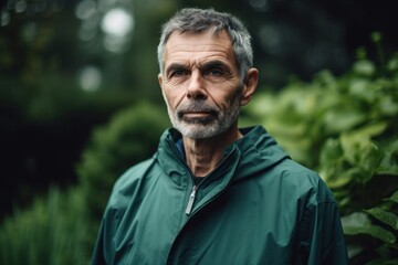 Portrait of a mature man in a raincoat in the garden