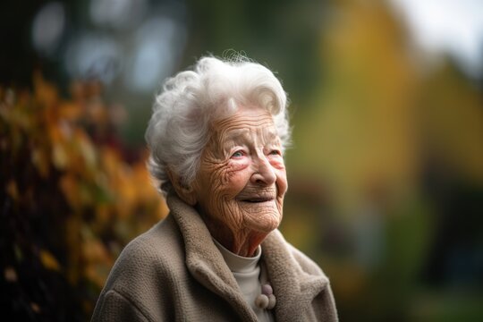 Lifestyle portrait photography of a grinning elderly 100 year old woman wearing a cozy sweater against a garden or botanical background. Generative AI