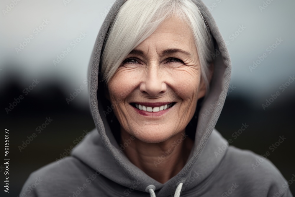 Wall mural Portrait of happy senior woman in grey hoodie, outdoors.