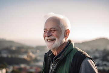 Portrait of a senior man with grey hair and beard smiling outdoors