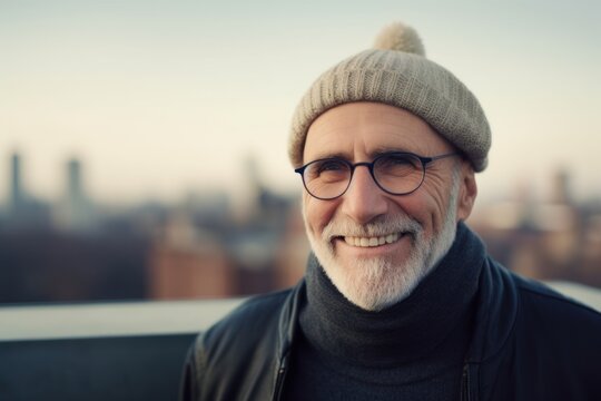 Portrait of a happy senior man with eyeglasses and a cap