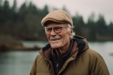 Portrait of an elderly man with glasses on the background of a lake