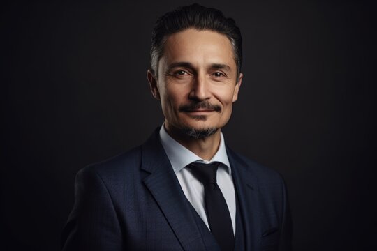 Portrait of handsome mature businessman in suit and tie on black background