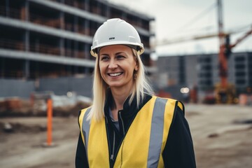 Portrait of a female engineer in a construction site. She is smiling and looking at the camera.