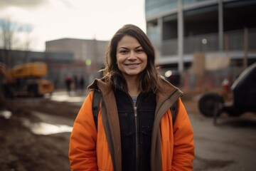 Fototapeta premium Portrait of a beautiful young woman in an orange jacket on the background of a construction site
