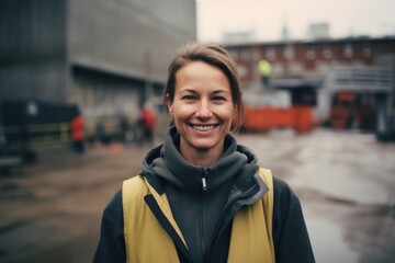 Fototapeta premium Portrait of a smiling young woman in a yellow jacket in the city