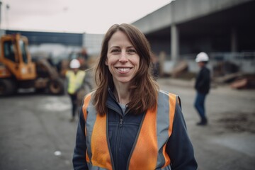 Fototapeta premium Group portrait photography of a grinning woman in her 30s wearing a simple tunic against a construction site or work zone background. Generative AI