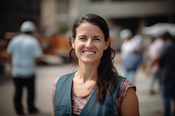 Portrait of a smiling woman standing in the street with blurred background
