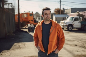Fototapeta premium Young handsome man in an orange jacket on a background of a construction site