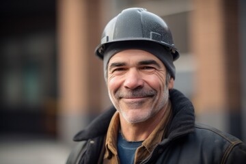 Portrait of a smiling mature man in a construction helmet outdoors.
