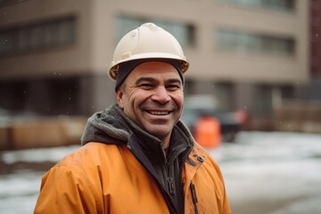 Portrait of a construction worker in a white helmet smiling and looking at the camera