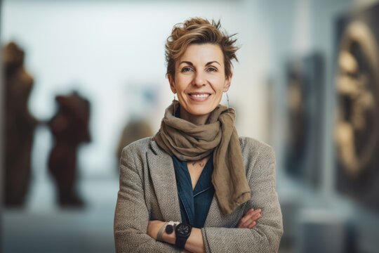 Portrait of smiling woman standing with arms crossed in museum and looking at camera