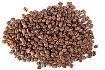 Coffee beans roasted in cup on light background, coffee from Colombia