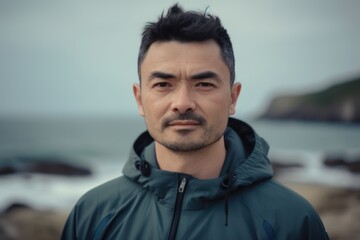 Fototapeta premium Portrait of a handsome Asian man in a blue jacket standing on the beach.