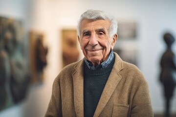 Portrait of smiling senior man looking at camera while standing in museum
